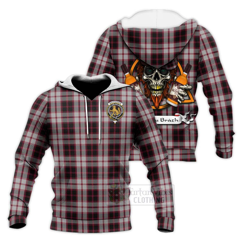 Tartan Vibes Clothing MacPherson (McPherson) Tartan Knitted Hoodie with Family Crest and Bearded Skull Holding Bottles of Whiskey