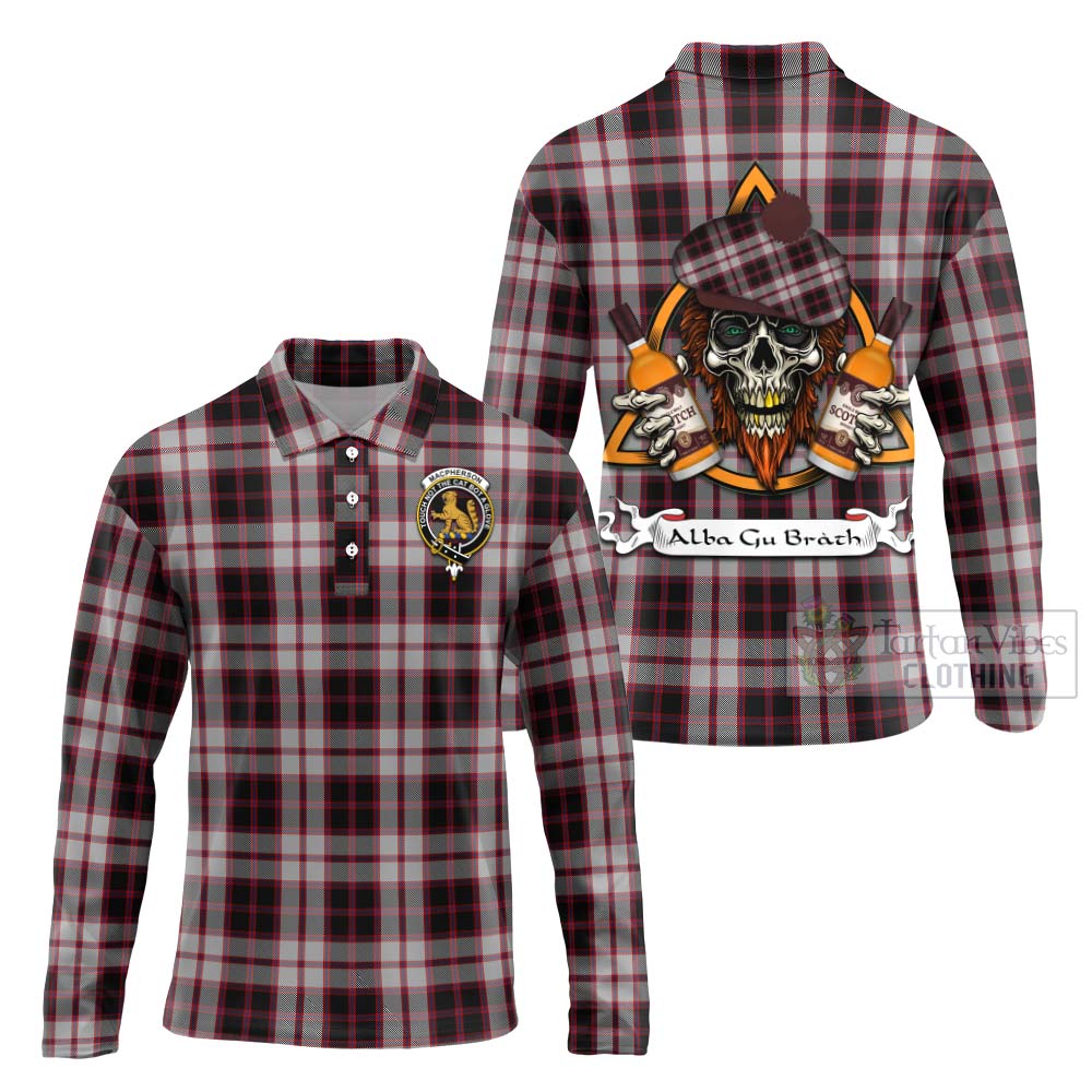 Tartan Vibes Clothing MacPherson (McPherson) Tartan Long Sleeve Polo Shirt with Family Crest and Bearded Skull Holding Bottles of Whiskey