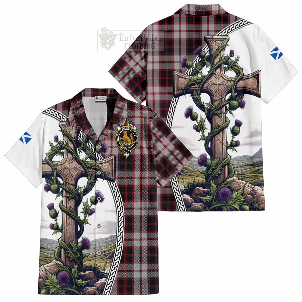 Tartan Vibes Clothing MacPherson (McPherson) Tartan Short Sleeve Button Shirt with Family Crest and St. Andrew's Cross Accented by Thistle Vines