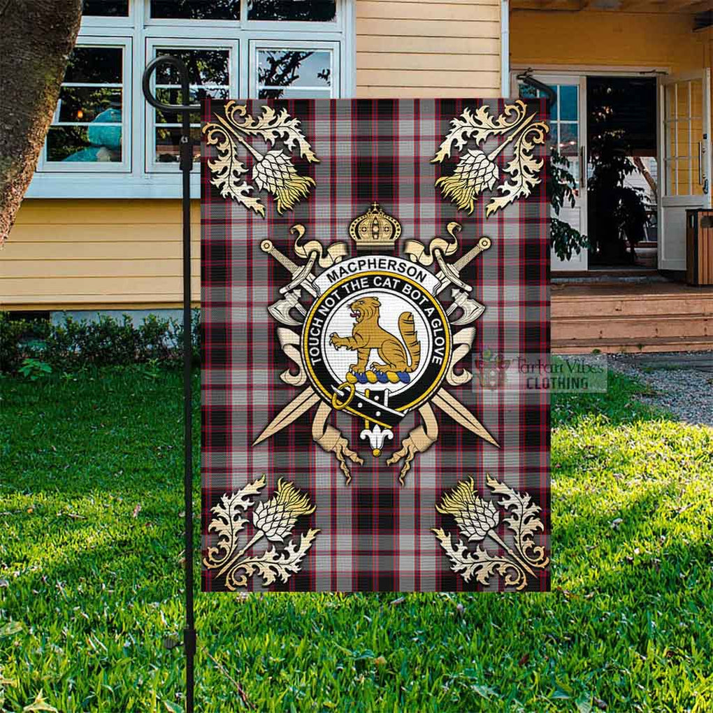 Tartan Vibes Clothing MacPherson (McPherson) Tartan Flag with Family Crest and Golden Thistle Crossed Sword Design