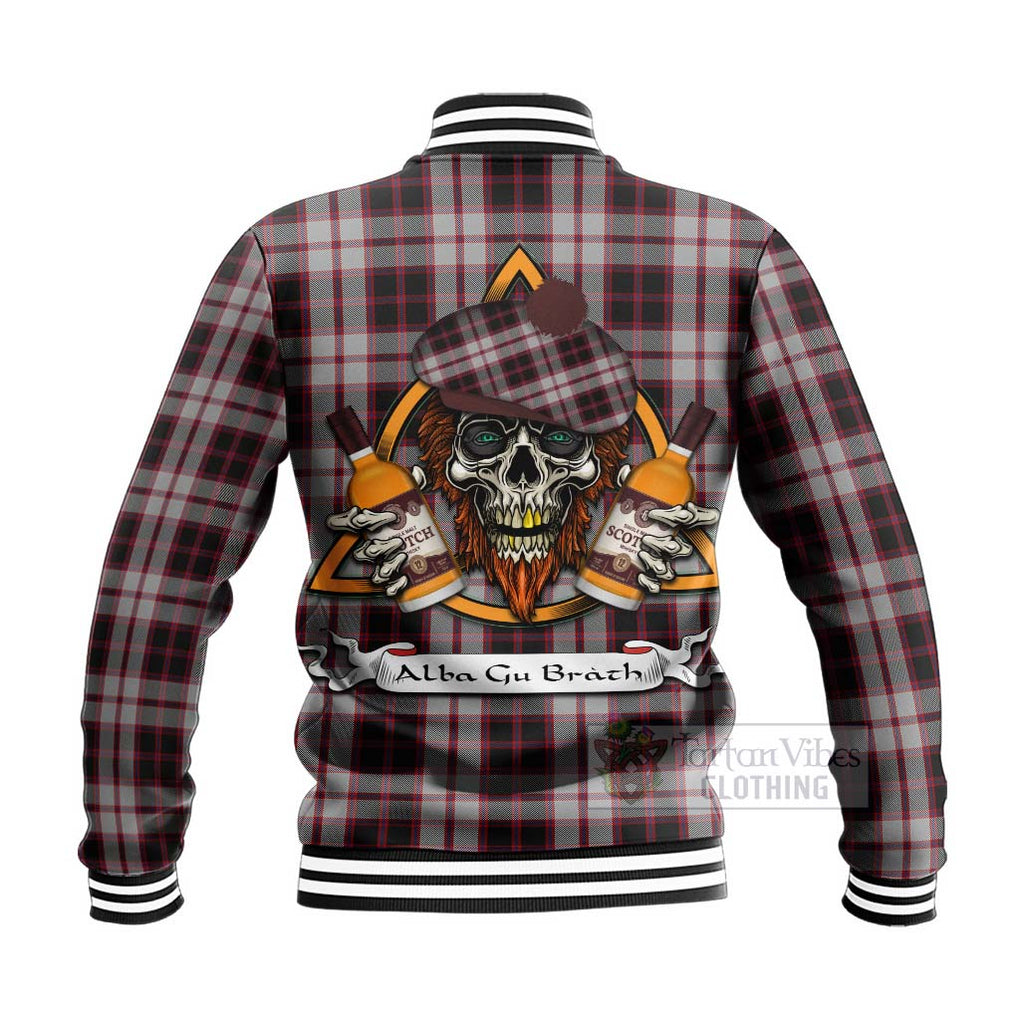 Tartan Vibes Clothing MacPherson (McPherson) Tartan Baseball Jacket with Family Crest and Bearded Skull Holding Bottles of Whiskey