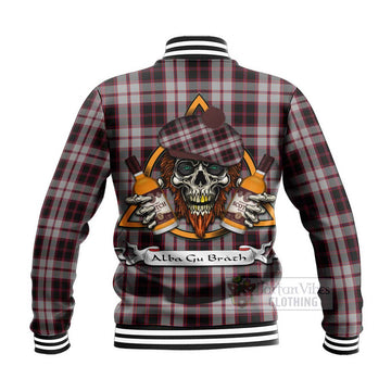 MacPherson (McPherson) Tartan Baseball Jacket with Family Crest and Bearded Skull Holding Bottles of Whiskey