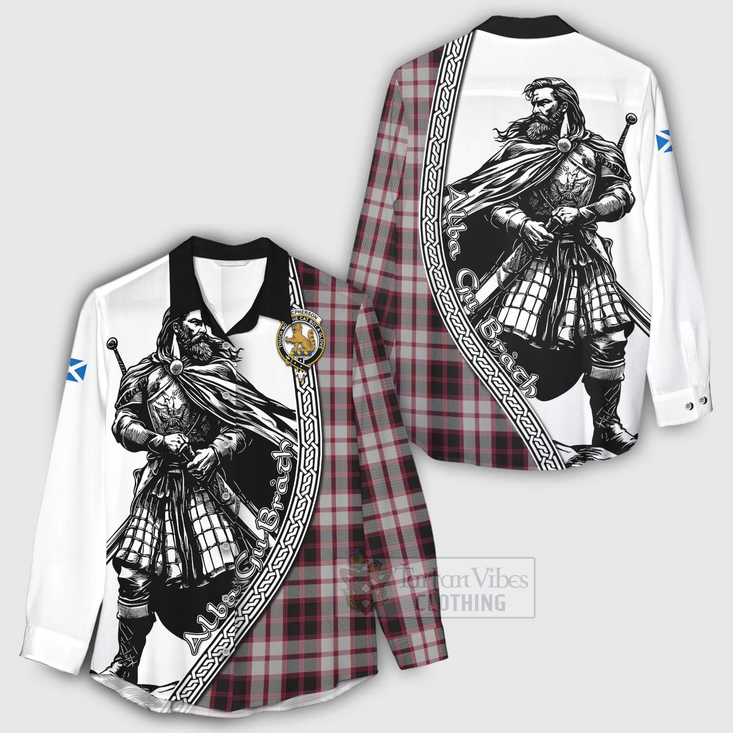 Tartan Vibes Clothing MacPherson (McPherson) Tartan Clan Crest Women's Casual Shirt with Highlander Warrior Celtic Style