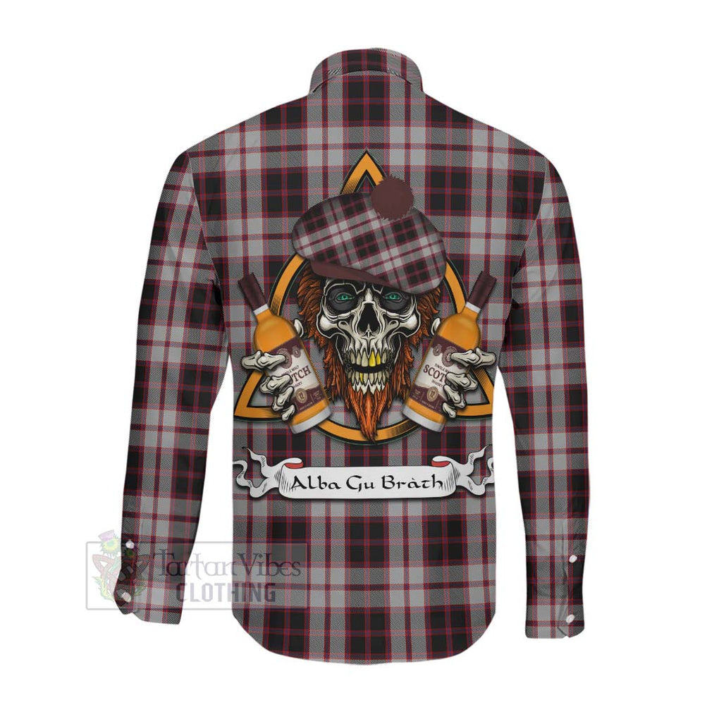 Tartan Vibes Clothing MacPherson (McPherson) Tartan Long Sleeve Button Shirt with Family Crest and Bearded Skull Holding Bottles of Whiskey