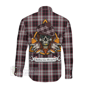 MacPherson (McPherson) Tartan Long Sleeve Button Shirt with Family Crest and Bearded Skull Holding Bottles of Whiskey