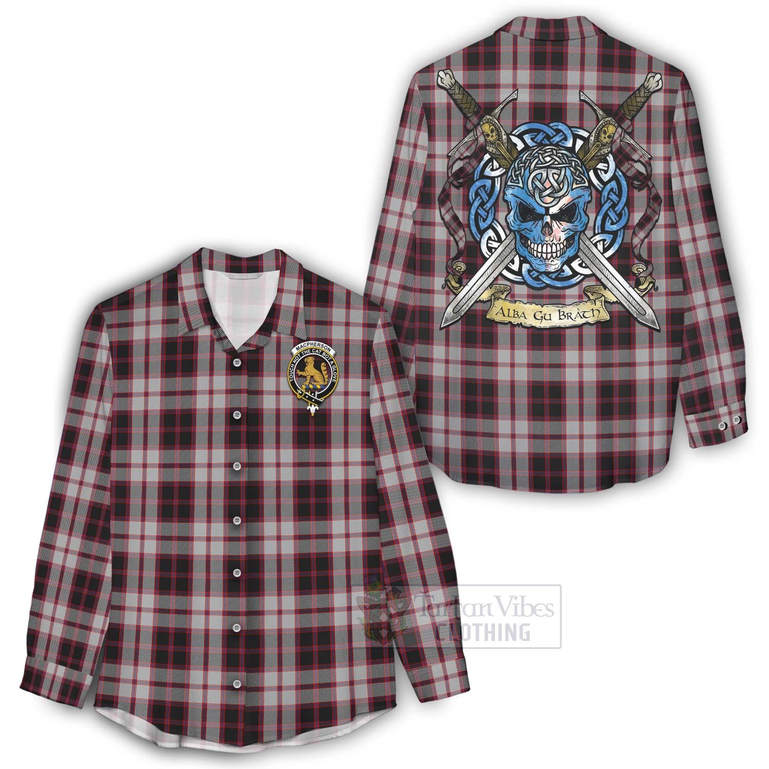 Tartan Vibes Clothing MacPherson (McPherson) Tartan Women's Casual Shirt with Family Crest Celtic Skull Style