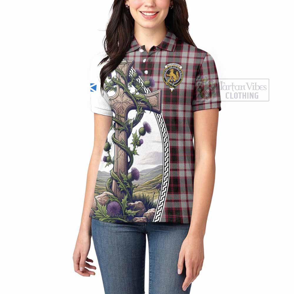 Tartan Vibes Clothing MacPherson (McPherson) Tartan Women's Polo Shirt with Family Crest and St. Andrew's Cross Accented by Thistle Vines