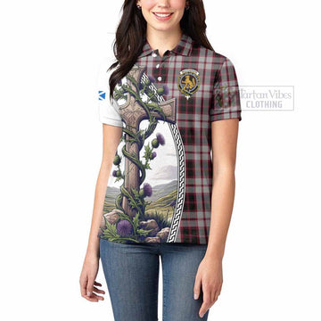 MacPherson (McPherson) Tartan Women's Polo Shirt with Family Crest and St. Andrew's Cross Accented by Thistle Vines