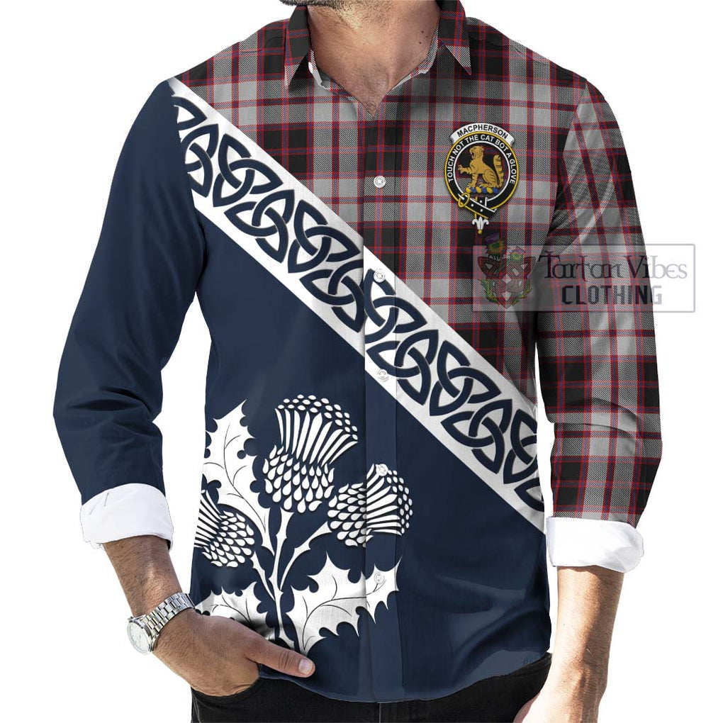 Tartan Vibes Clothing MacPherson (McPherson) Tartan Long Sleeve Button Shirt Featuring Thistle and Scotland Map