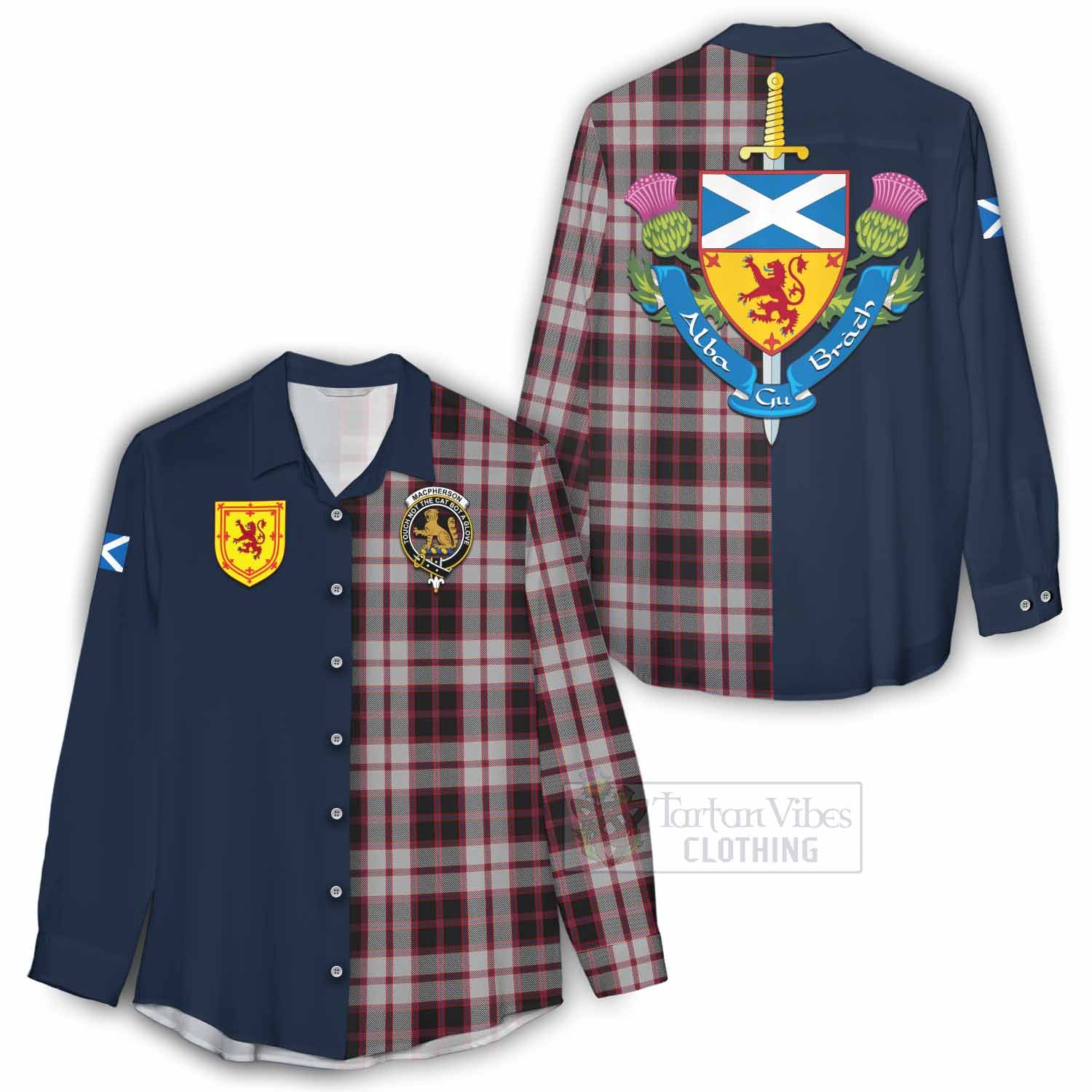 Tartan Vibes Clothing MacPherson (McPherson) Tartan Women's Casual Shirt Alba with Scottish Lion Royal Arm Half Style