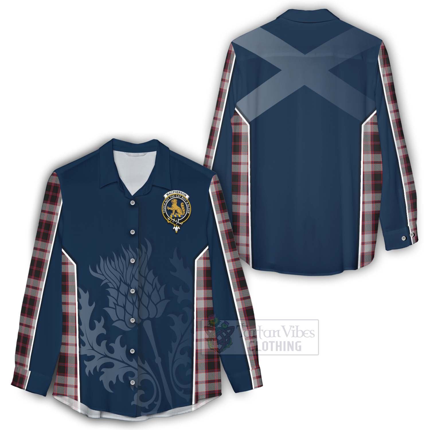 Tartan Vibes Clothing MacPherson (McPherson) Tartan Women's Casual Shirt with Family Crest and Scottish Thistle Vibes Sport Style