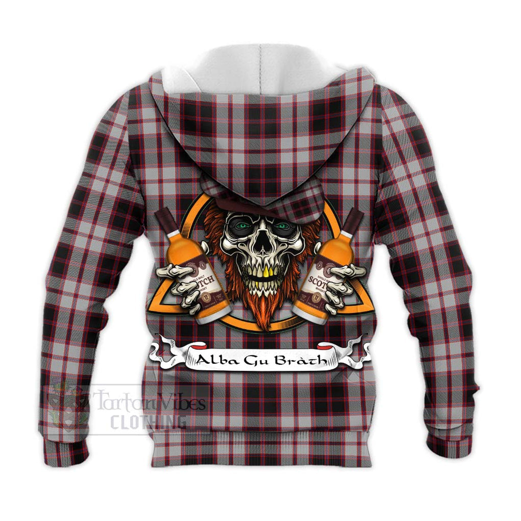 Tartan Vibes Clothing MacPherson (McPherson) Tartan Knitted Hoodie with Family Crest and Bearded Skull Holding Bottles of Whiskey