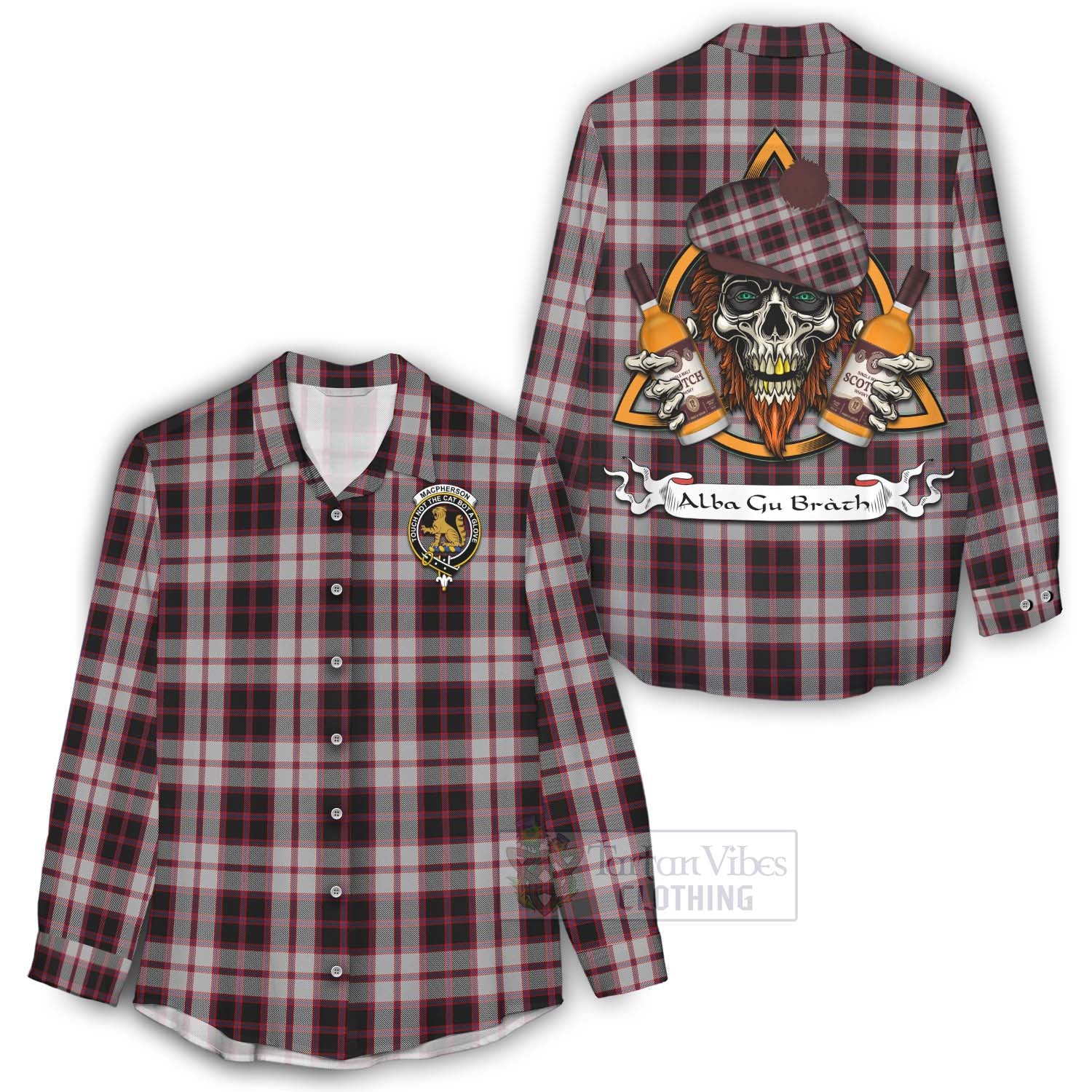 Tartan Vibes Clothing MacPherson (McPherson) Tartan Women's Casual Shirt with Family Crest and Bearded Skull Holding Bottles of Whiskey