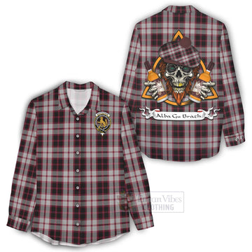 MacPherson (McPherson) Tartan Women's Casual Shirt with Family Crest and Bearded Skull Holding Bottles of Whiskey