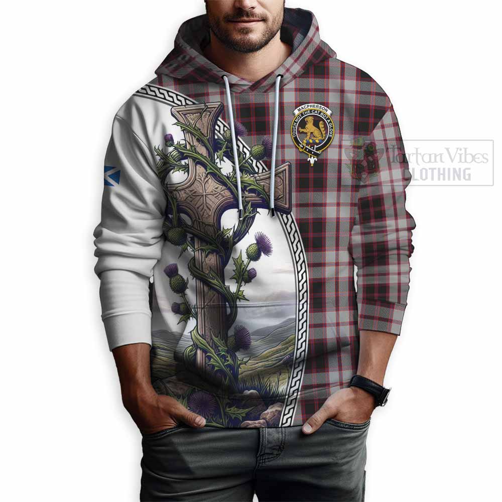 Tartan Vibes Clothing MacPherson (McPherson) Tartan Hoodie with Family Crest and St. Andrew's Cross Accented by Thistle Vines