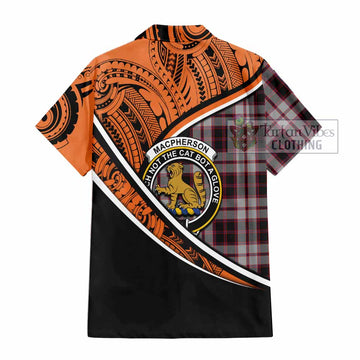 MacPherson (McPherson) Crest Tartan Short Sleeve Button Shirt with Polynesian Vibes Style - Orange Version