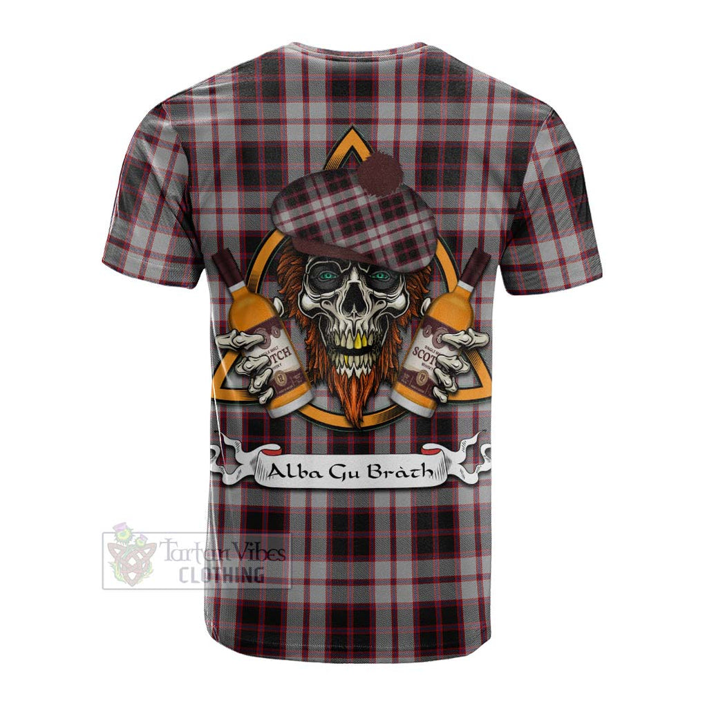 Tartan Vibes Clothing MacPherson (McPherson) Tartan Cotton T-shirt with Family Crest and Bearded Skull Holding Bottles of Whiskey