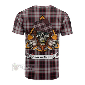 MacPherson (McPherson) Tartan Cotton T-shirt with Family Crest and Bearded Skull Holding Bottles of Whiskey