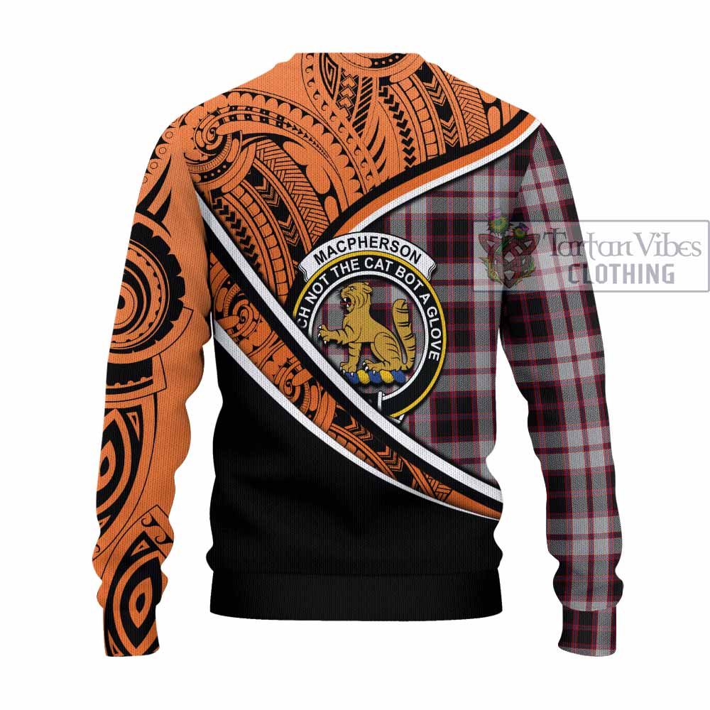 Tartan Vibes Clothing MacPherson (McPherson) Crest Tartan Knitted Sweater with Maori Tattoo Style - Orange Version