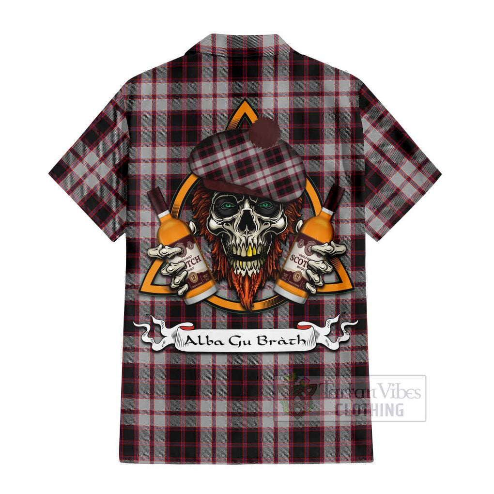 Tartan Vibes Clothing MacPherson (McPherson) Tartan Short Sleeve Button Shirt with Family Crest and Bearded Skull Holding Bottles of Whiskey