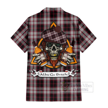 MacPherson (McPherson) Tartan Short Sleeve Button Shirt with Family Crest and Bearded Skull Holding Bottles of Whiskey