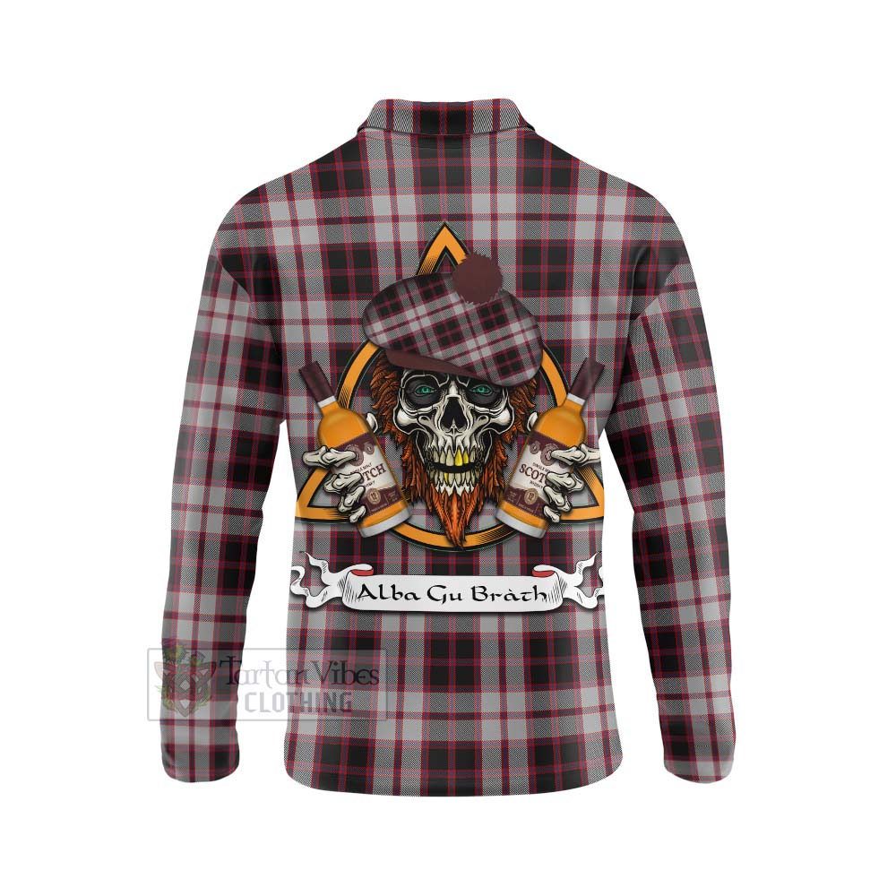 Tartan Vibes Clothing MacPherson (McPherson) Tartan Long Sleeve Polo Shirt with Family Crest and Bearded Skull Holding Bottles of Whiskey