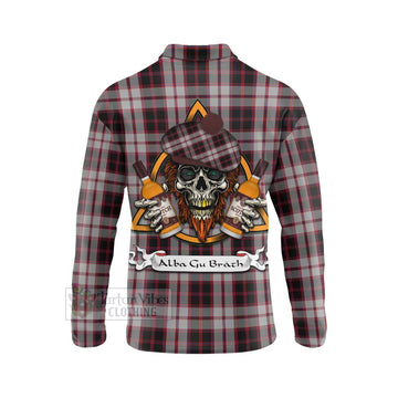 MacPherson (McPherson) Tartan Long Sleeve Polo Shirt with Family Crest and Bearded Skull Holding Bottles of Whiskey