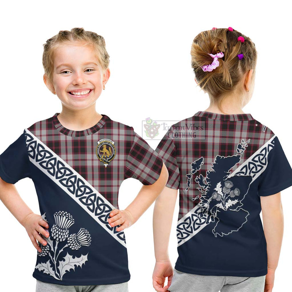 Tartan Vibes Clothing MacPherson (McPherson) Tartan Kid T-Shirt Featuring Thistle and Scotland Map