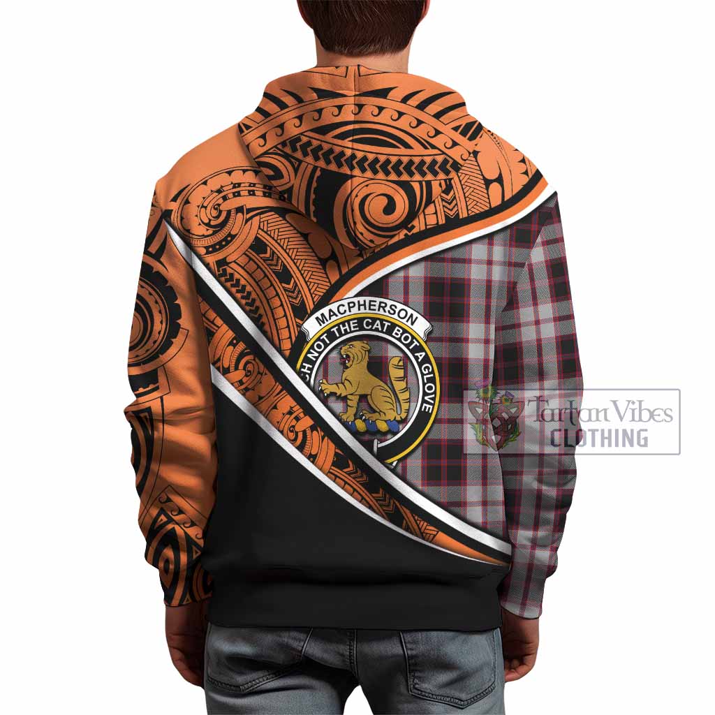 Tartan Vibes Clothing MacPherson (McPherson) Crest Tartan Hoodie with Maori Tattoo Style - Orange Version