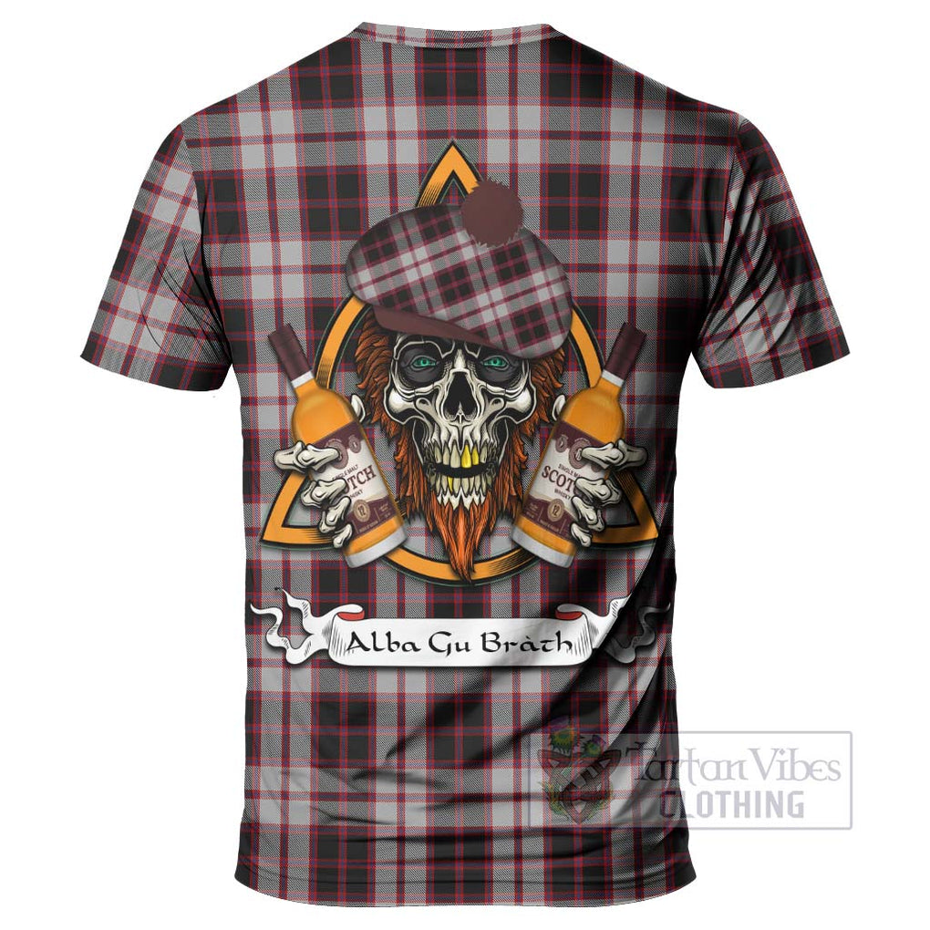 Tartan Vibes Clothing MacPherson (McPherson) Tartan T-Shirt with Family Crest and Bearded Skull Holding Bottles of Whiskey