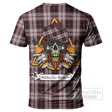 MacPherson (McPherson) Tartan T-Shirt with Family Crest and Bearded Skull Holding Bottles of Whiskey