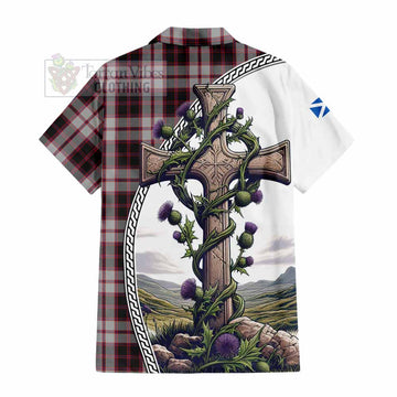 MacPherson (McPherson) Tartan Short Sleeve Button Shirt with Family Crest and St. Andrew's Cross Accented by Thistle Vines