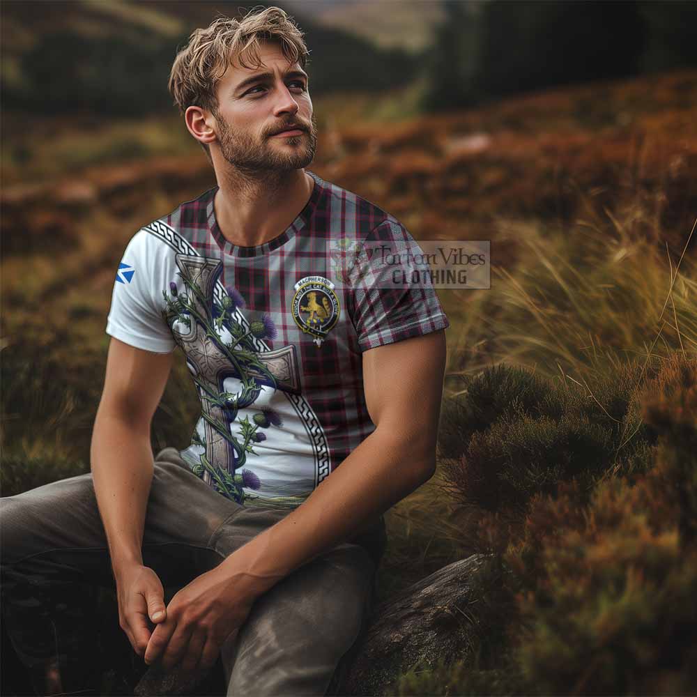 Tartan Vibes Clothing MacPherson (McPherson) Agnew Tartan T-Shirt with Family Crest and St. Andrew's Cross Accented by Thistle Vines