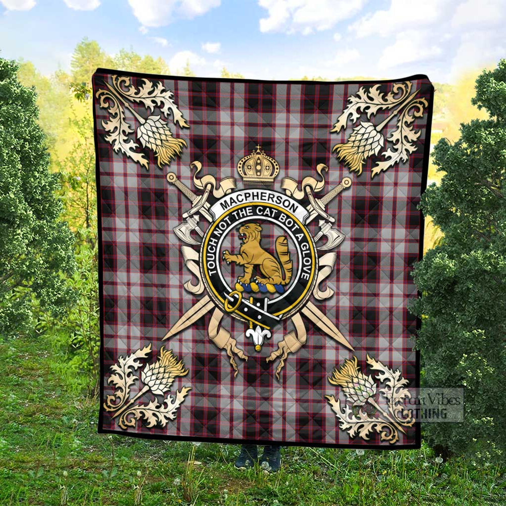 Tartan Vibes Clothing MacPherson (McPherson) Tartan Quilt with Family Crest and Scottish Golden Courage Shield