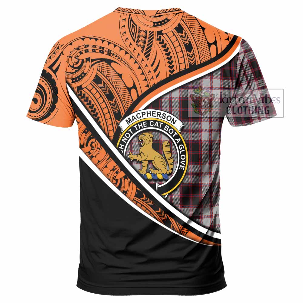 Tartan Vibes Clothing MacPherson (McPherson) Crest Tartan T-Shirt with Maori Tattoo Style - Orange Version