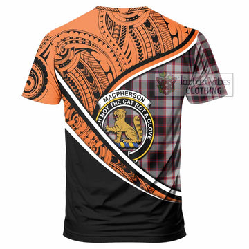 MacPherson (McPherson) Crest Tartan T-Shirt with Polynesian Vibes Style - Orange Version