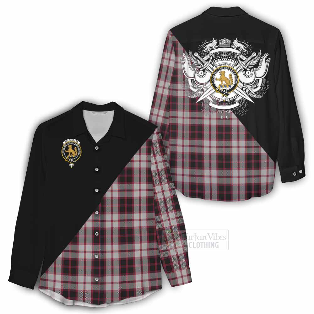 Tartan Vibes Clothing MacPherson (McPherson) Tartan Women's Casual Shirt with Family Crest and Military Logo Style