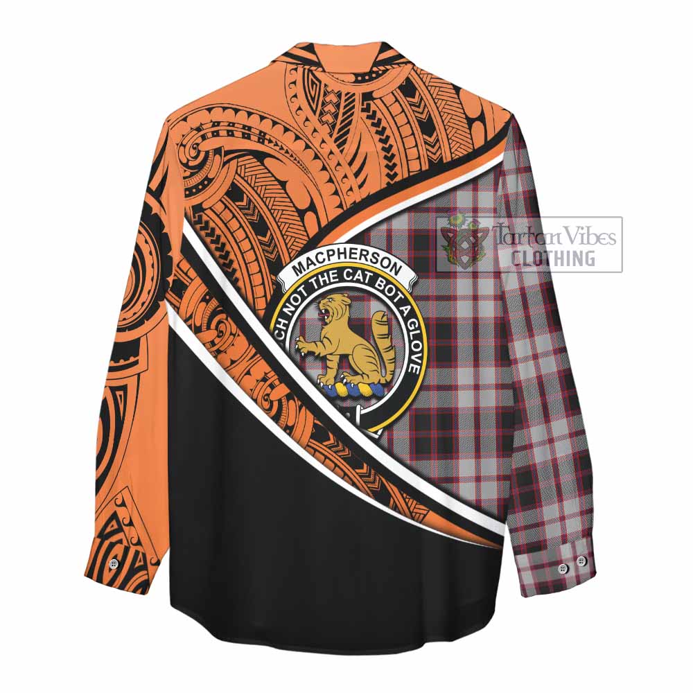 Tartan Vibes Clothing MacPherson (McPherson) Crest Tartan Women's Casual Shirt with Maori Tattoo Style - Orange Version