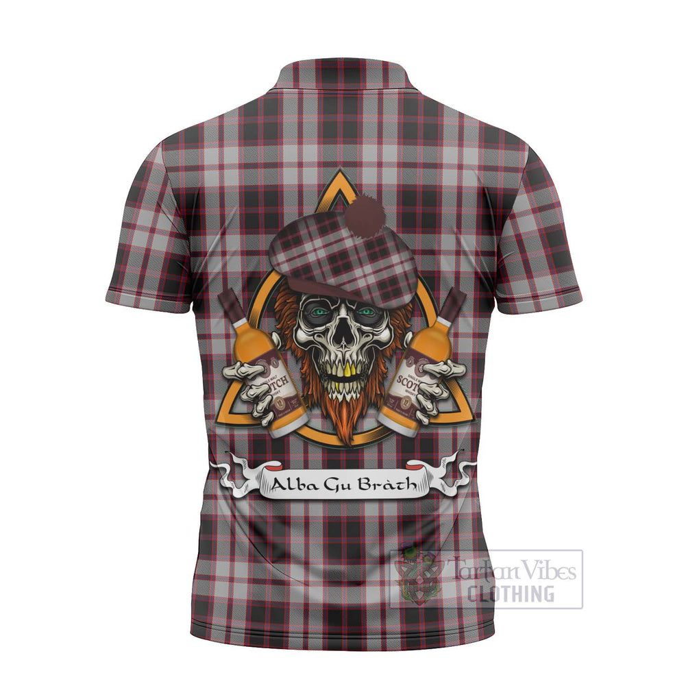 Tartan Vibes Clothing MacPherson (McPherson) Tartan Zipper Polo Shirt with Family Crest and Bearded Skull Holding Bottles of Whiskey