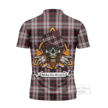 MacPherson (McPherson) Tartan Zipper Polo Shirt with Family Crest and Bearded Skull Holding Bottles of Whiskey