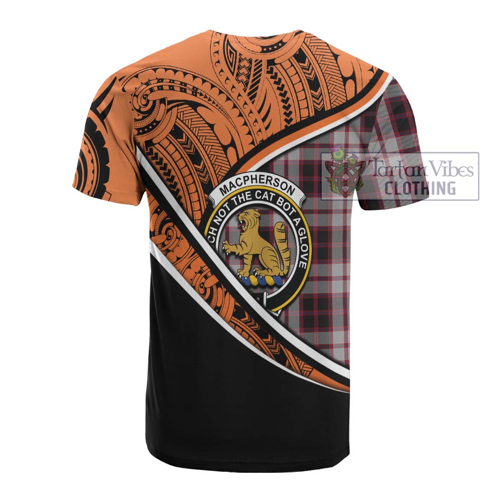 Tartan Vibes Clothing MacPherson (McPherson) Crest Tartan Cotton T-shirt with Maori Tattoo Style - Orange Version