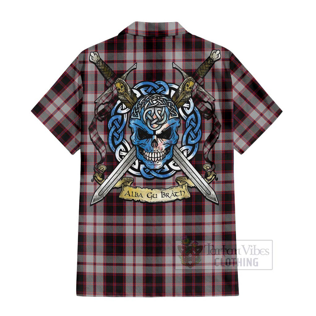 Tartan Vibes Clothing MacPherson (McPherson) Tartan Short Sleeve Button Shirt with Family Crest Celtic Skull Style