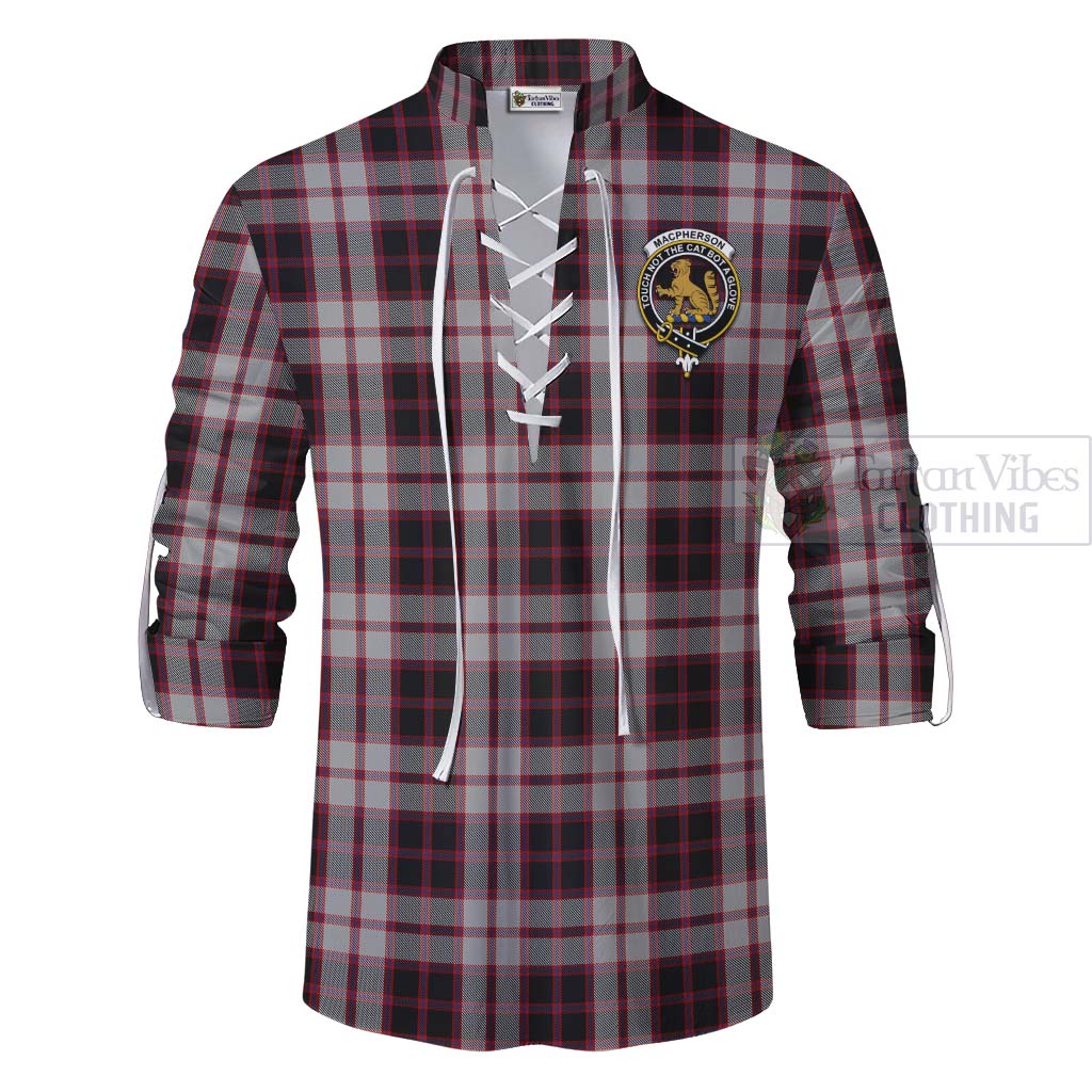 Tartan Vibes Clothing MacPherson (McPherson) Tartan Ghillie Kilt Shirt with Family Crest and Bearded Skull Holding Bottles of Whiskey