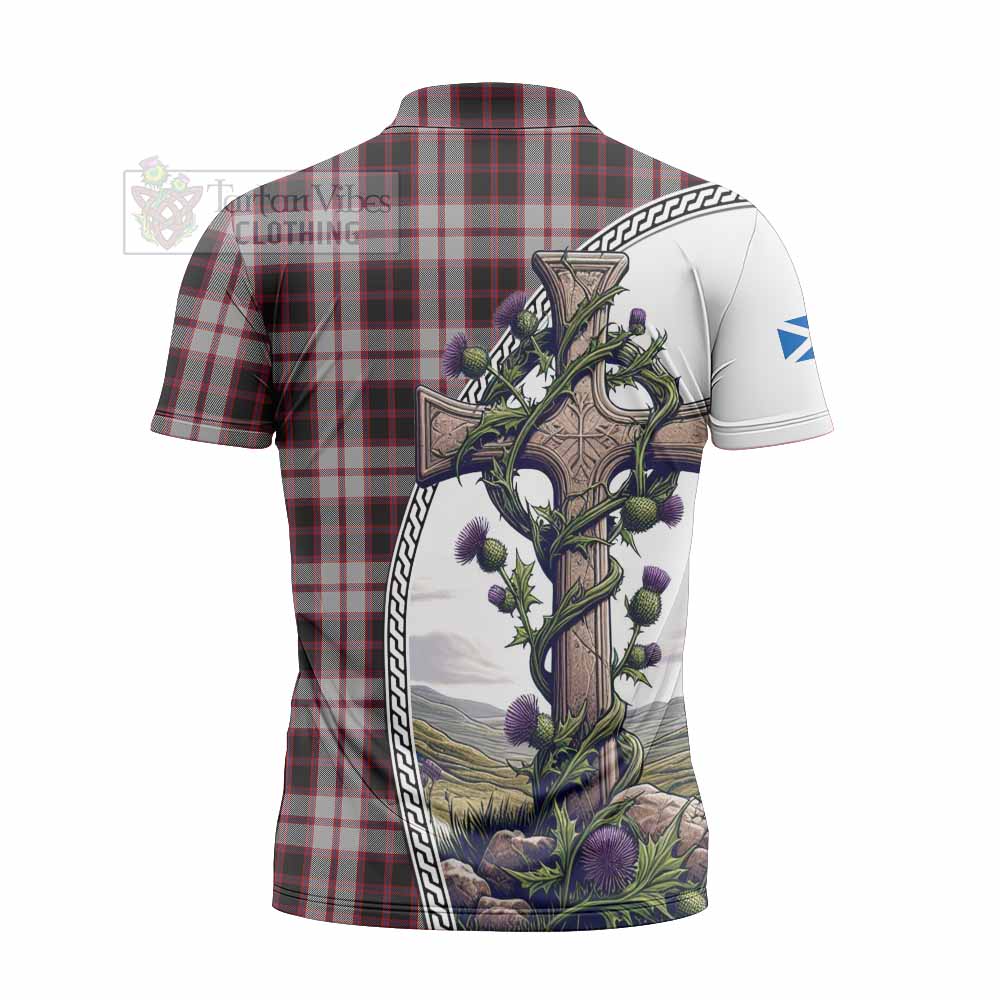 Tartan Vibes Clothing MacPherson (McPherson) Tartan Zipper Polo Shirt with Family Crest and St. Andrew's Cross Accented by Thistle Vines