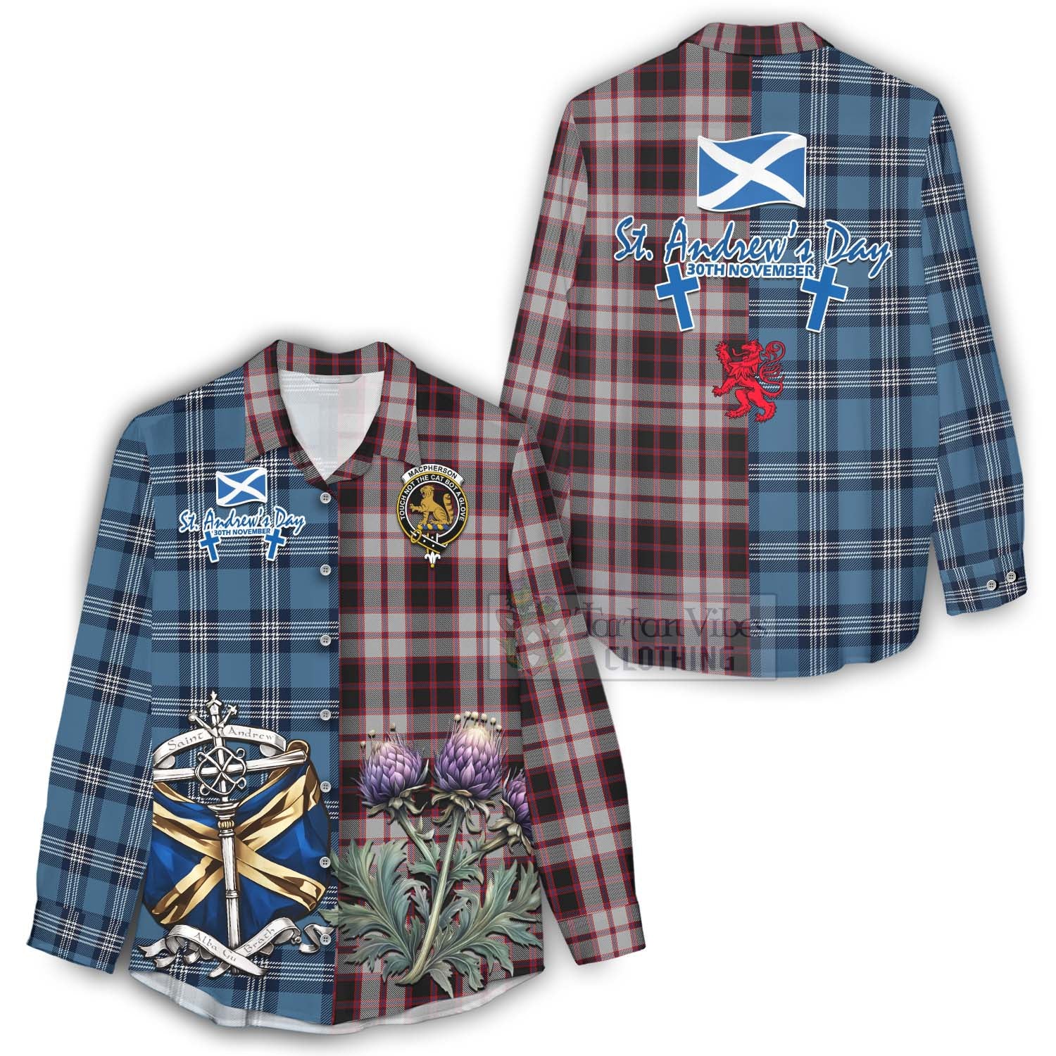 Tartan Vibes Clothing MacPherson (McPherson) Tartan Women's Casual Shirt Happy St. Andrew's Day Half Tartan Style