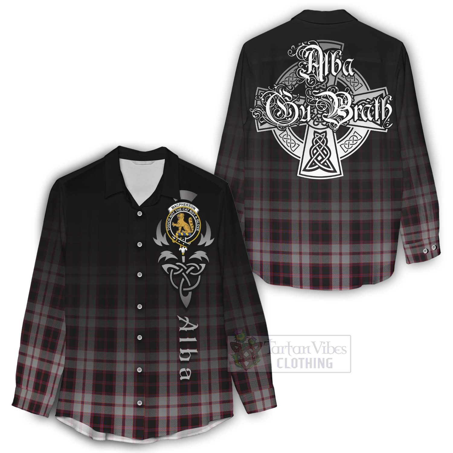 Tartan Vibes Clothing MacPherson (McPherson) Tartan Women's Casual Shirt Featuring Alba Gu Brath Family Crest Celtic Inspired