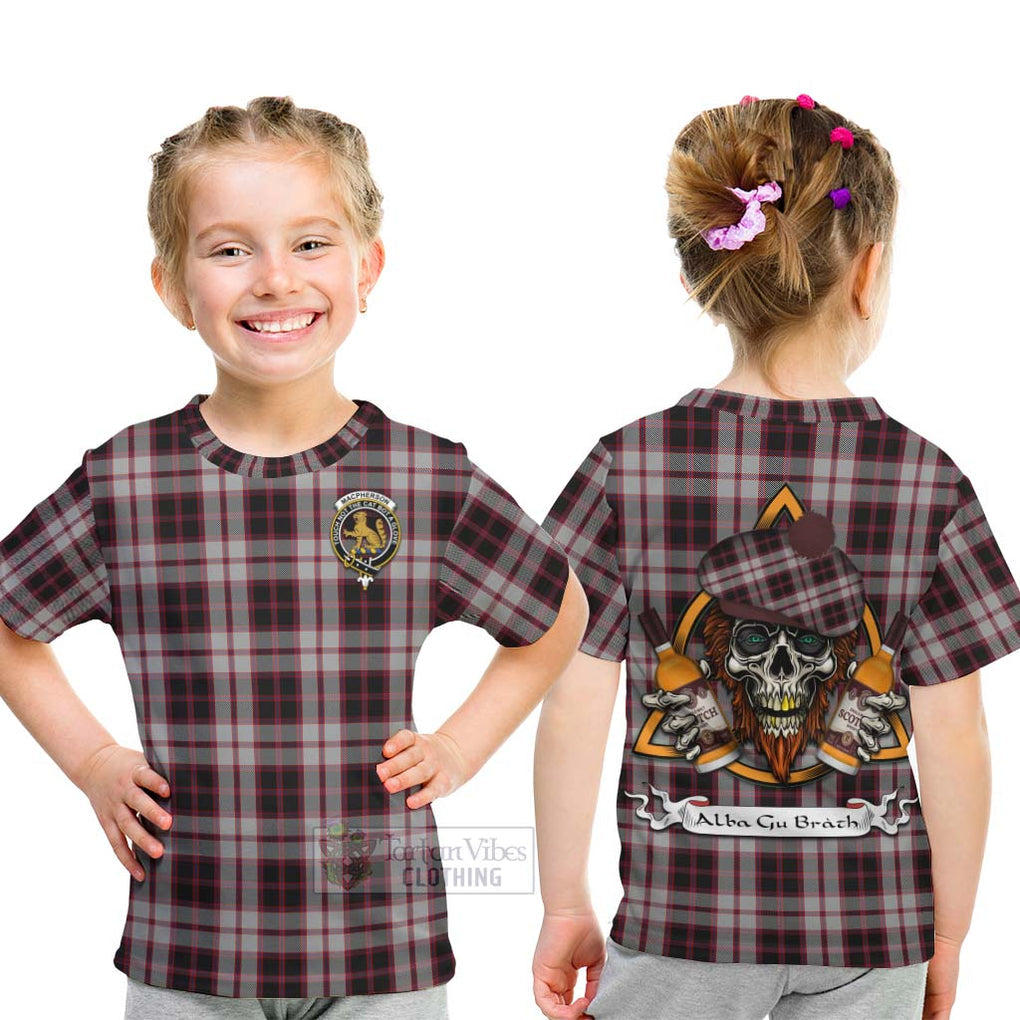 Tartan Vibes Clothing MacPherson (McPherson) Tartan Kid T-Shirt with Family Crest and Bearded Skull Holding Bottles of Whiskey