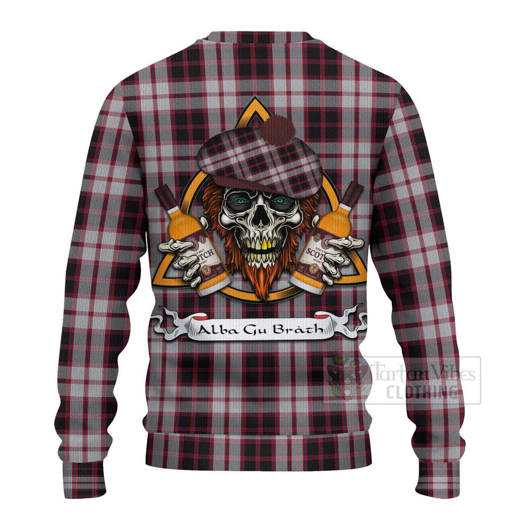 Tartan Vibes Clothing MacPherson (McPherson) Tartan Knitted Sweater with Family Crest and Bearded Skull Holding Bottles of Whiskey