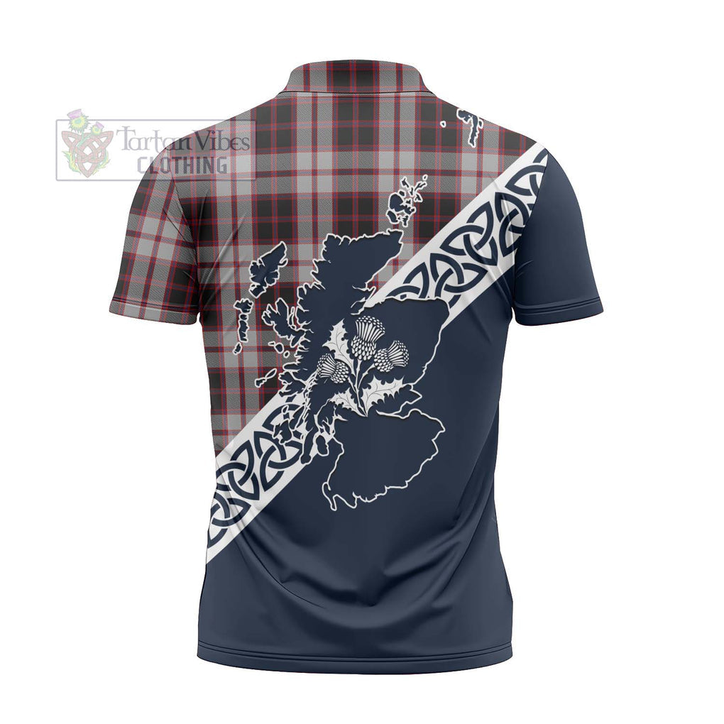 Tartan Vibes Clothing MacPherson (McPherson) Tartan Zipper Polo Shirt Featuring Thistle and Scotland Map