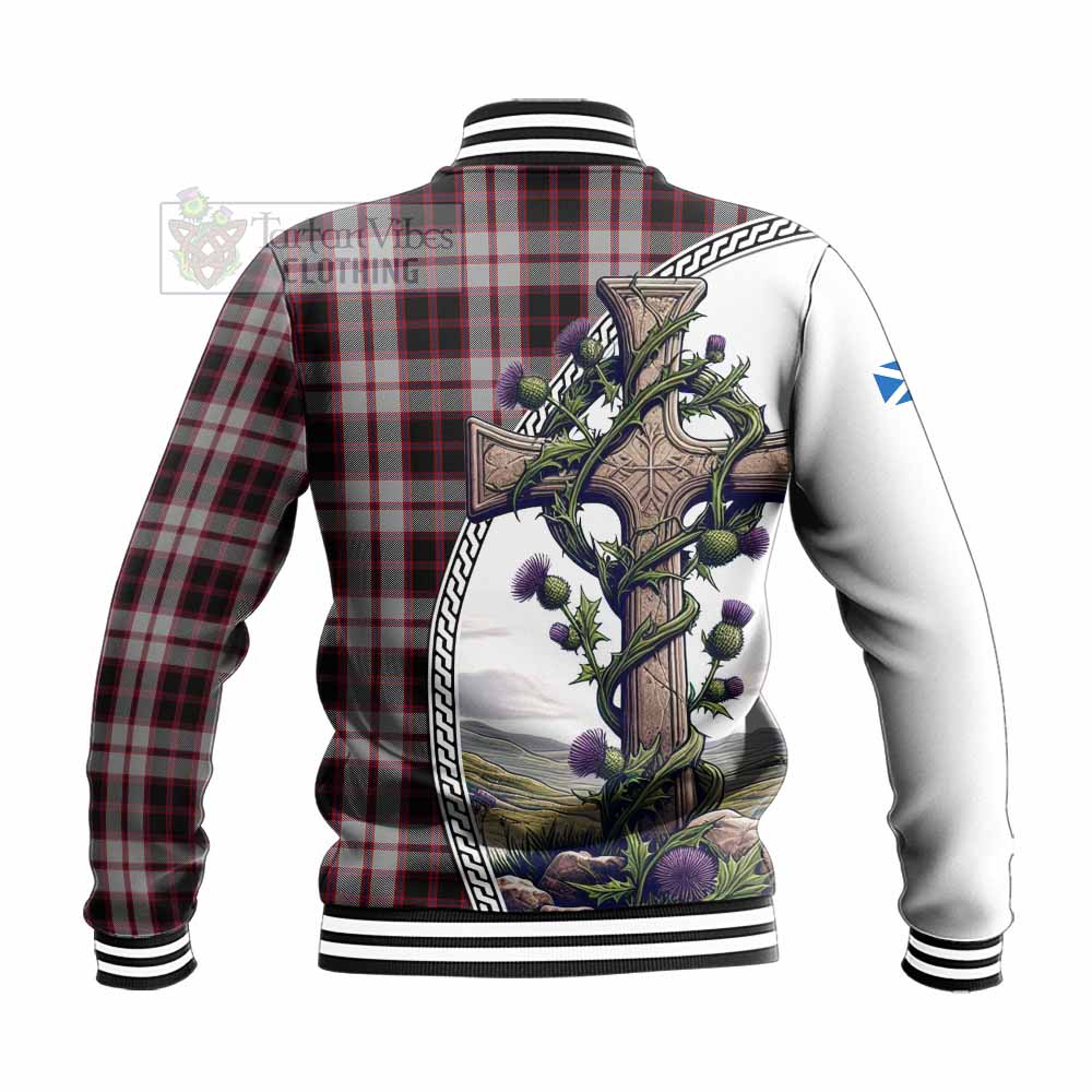 Tartan Vibes Clothing MacPherson (McPherson) Tartan Baseball Jacket with Family Crest and St. Andrew's Cross Accented by Thistle Vines